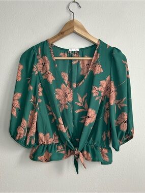 Sienna Sky Green and Tan Floral V Neck Tie Front Top Size S Small